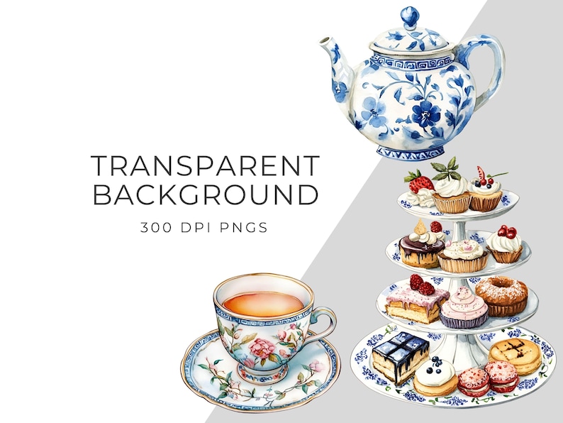 May include: A watercolor illustration of a teacup and saucer, a teapot, and a tiered cake stand with various pastries. The teacup and teapot are decorated with blue and white floral patterns. The cake stand is white with blue floral accents and features a variety of pastries, including cupcakes, tarts, and cookies.