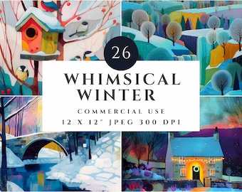 Winter Village Clipart, Whimsical Snowy Scenes (Digital Download)