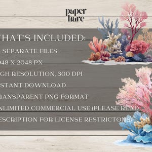 May include: Digital art featuring colorful coral reefs in shades of pink, blue, and beige. The image includes text that reads "WHAT'S INCLUDED: 34 SEPARATE FILES, 2048 X 2048 PX, HIGH RESOLUTION, 300 DPI, INSTANT DOWNLOAD, TRANSPARENT PNG FORMAT, UNLIMITED COMMERCIAL USE".