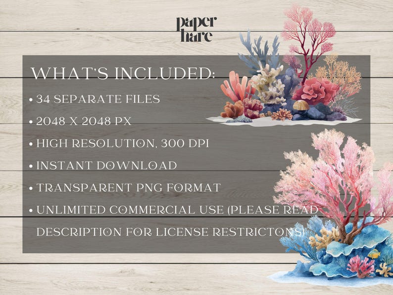May include: Digital art featuring colorful coral reefs in shades of pink, blue, and beige. The image includes text that reads "WHAT'S INCLUDED: 34 SEPARATE FILES, 2048 X 2048 PX, HIGH RESOLUTION, 300 DPI, INSTANT DOWNLOAD, TRANSPARENT PNG FORMAT, UNLIMITED COMMERCIAL USE".