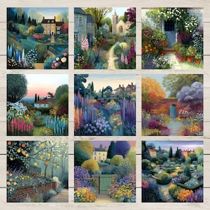 May include: Nine square watercolor prints depicting serene garden scenes. Each print showcases vibrant flowers, lush greenery, and charming houses or buildings. The color palette includes blues, greens, pinks, and yellows, creating a tranquil and inviting atmosphere.