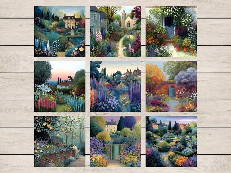 May include: Nine square watercolor prints depicting serene garden scenes. Each print showcases vibrant flowers, lush greenery, and charming houses or buildings. The color palette includes blues, greens, pinks, and yellows, creating a tranquil and inviting atmosphere.