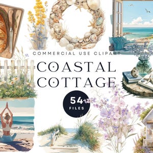 Clipart cottage côtier, maison de plage, clipart aquarelle nautique, couronnes de coquillages, art numérique, Beach Cottagecore, grand-mère côtière