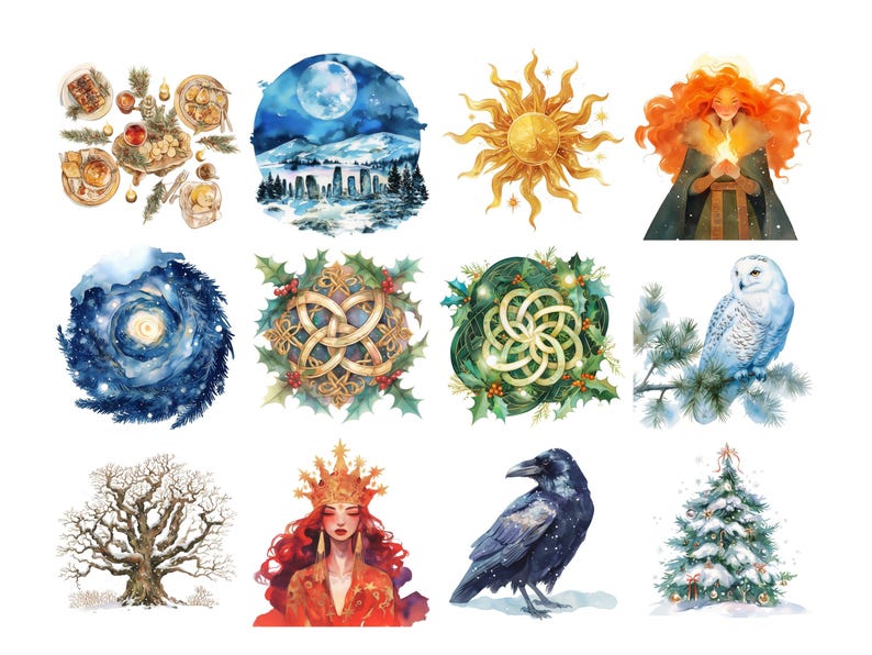 Yule Clipart Bundle, Winter Solstice Watercolor Graphics (digital ...