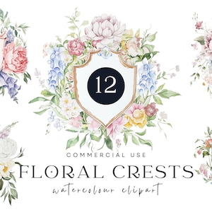 Paquete de imágenes prediseñadas de escudos florales, gráficos de marcos de acuarela, diseños de monogramas para bodas, arte de logotipos elegantes, papelería para bodas, invitaciones