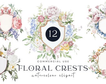 Floral Crest Clipart Bundle, Watercolor Frame Graphics, Wedding Monogram Designs, Elegant Logo Art, Wedding Stationery, Invitations