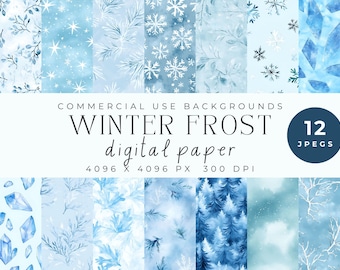 Icy Blue Snowflake Digital Paper – Winter Frost Patterns (Digital Download)