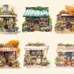 Pu&ograve; includere: Sei illustrazioni ad acquerello di negozi di fiori con diverse facciate e composizioni floreali. Ogni negozio ha un'ombrellone a righe ed &egrave; decorato con piante e fiori in vaso.