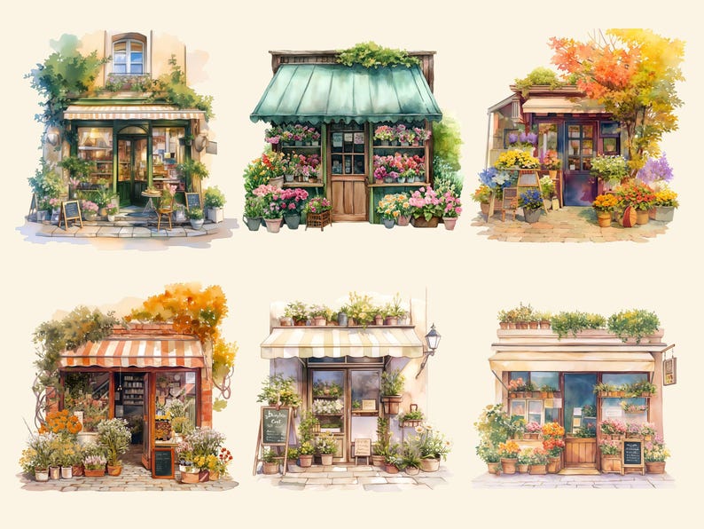 Pu&ograve; includere: Sei illustrazioni ad acquerello di negozi di fiori con diverse facciate e composizioni floreali. Ogni negozio ha un'ombrellone a righe ed &egrave; decorato con piante e fiori in vaso.