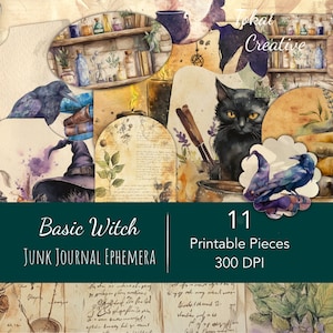 May include: A digital collage of 11 printable pieces for junk journaling. The collage features a black cat, ravens, potion bottles, candles, and other witchy elements. The text "Basic Witch Junk Journal Ephemera" and "11 Printable Pieces 300 DPI" is included in the image.