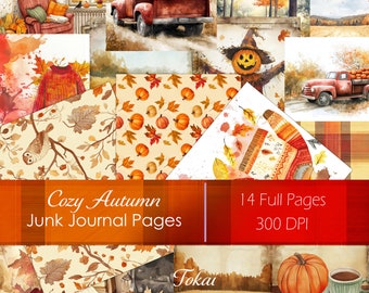 May include: A digital collage of 14 printable pages for a junk journal with a cozy autumn theme. The pages feature images of pumpkins, leaves, a scarecrow, a truck, a sweater, and a book. The text "Cozy Autumn Junk Journal Pages" and "14 Full Pages 300 DPI" is included in the image.