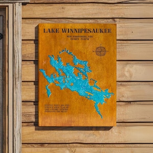 Mapa del lago Winnipesaukee, mapa de madera personalizado para cualquier lago, mapa de lago epoxi, arte mural epoxi, decoración de casas de lago, letreros para casas de lago, regalo de inauguración de la casa