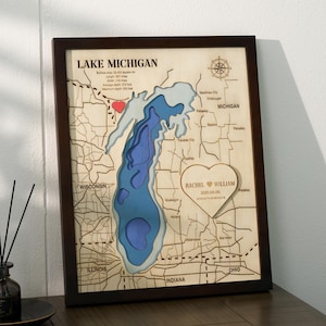 Kundenspezifische See-Karte mit geschichtetem Holzdesign, personalisierte 3D-Wasserkarte, mehrschichtige Tiefe, Seekarte, Wandkunst, Jubiläumsgeschenk