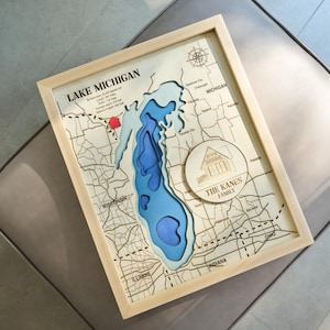 Mapa personalizado do Lago Michigan com design de madeira em camadas, mapa náutico personalizado em 3D, profundidade em várias camadas, arte de parede de mapa do lago, presente de inauguração de casa