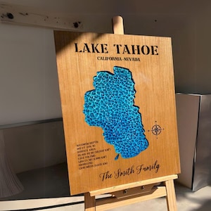 Mapa del lago Tahoe, mapa de madera personalizado para cualquier lago, mapa de lago epoxi, arte mural epoxi, decoración de casas de lago, letreros para casas de lago, regalo de inauguración de la casa