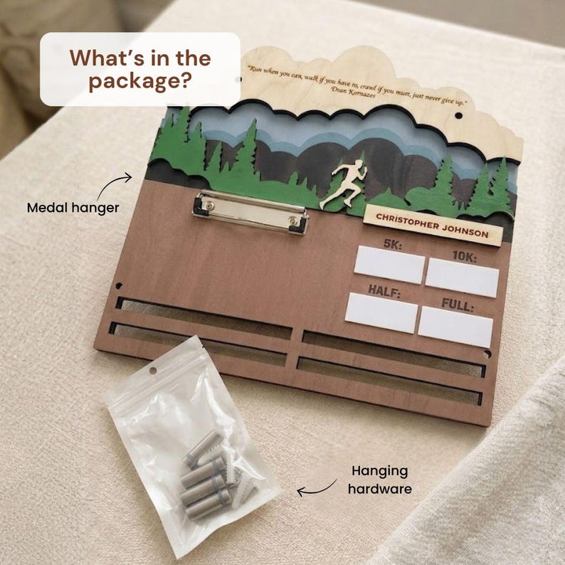 May include: A wooden medal hanger featuring a layered mountain and forest landscape, a metal clipboard, and a runner silhouette. It includes the text "What's in the package?", "CHRISTOPHER JOHNSON", "5K", "10K", "HALF", "FULL", and a quote by Dean Karnazes.
