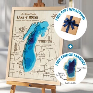 Mapa de madera personalizado de cualquier lago, mapa de lago de madera, arte de lago, decoración de casas de lago, regalos de inauguración de la casa, regalos de quinto aniversario / IMÁN DE REGALO PARA NEVERA
