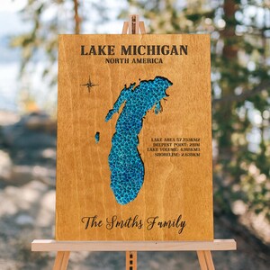 Mapa del lago Michigan, mapa de madera personalizado para cualquier lago, mapa de lago de madera, arte de lago, arte mural de epoxi, decoración de casas de lago, decoración de cabañas, regalo de inauguración de la casa