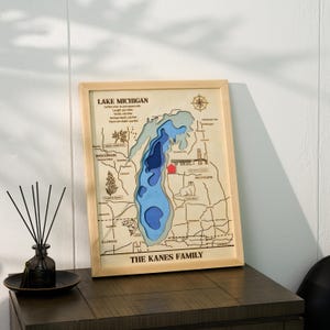 Mapa personalizado del lago Michigan con diseño de madera en capas, mapa náutico personalizado en 3D, profundidad de varias capas, arte mural del lago Michigan, regalos personalizados