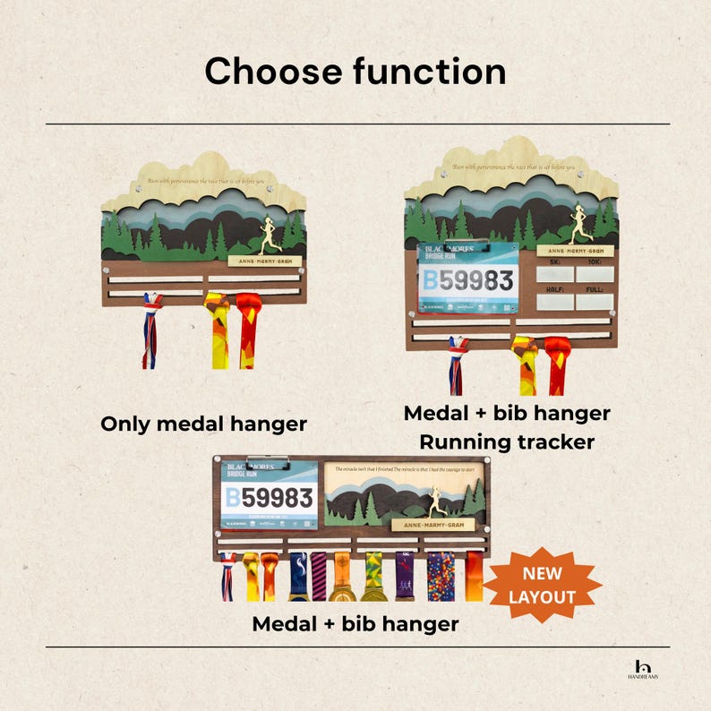 May include: Three wooden wall-mounted displays for race medals and bibs. Each features a layered forest landscape with a runner silhouette. Options include a medal hanger, a medal and bib hanger with a running tracker, and a medal and bib hanger.