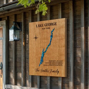 Carte du lac George, carte en bois personnalisée n'importe quel lac, carte du lac époxy, art mural époxy, décoration de la maison du lac, panneaux de la maison du lac, cadeau de pendaison de crémaillère