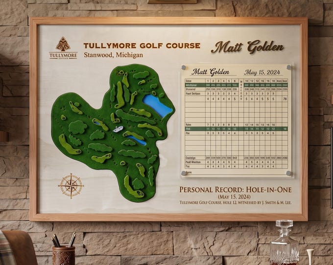 Custom Golf Course Map with Scorecard Display, 3D Golf Art for Milestone Rounds, Father's Day Gift