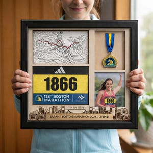 3 in 1 Shadow Box Display (Race Bib, Medal, Photo), Any Marathon Medal Display Frame, Running Gifts, Father's Day Gift
