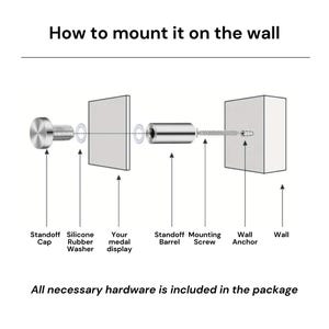 May include: An instructional diagram titled How to mount it on the wall showing a standoff cap, silicone rubber washer, medal display, standoff barrel, mounting screw, wall anchor, and wall. Text states All necessary hardware is included.