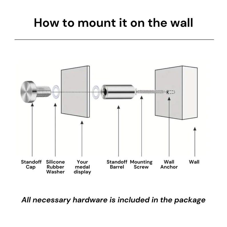 May include: An instructional diagram titled How to mount it on the wall showing a standoff cap, silicone rubber washer, medal display, standoff barrel, mounting screw, wall anchor, and wall. Text states All necessary hardware is included.