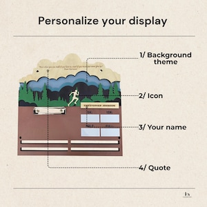 May include: A wooden medal display board featuring a layered mountain and forest landscape, a runner icon, a metal clipboard, and customizable text fields for a name, race distances, and a quote that reads: Run when you can, walk if you have to, crawl if you must; just never give up.