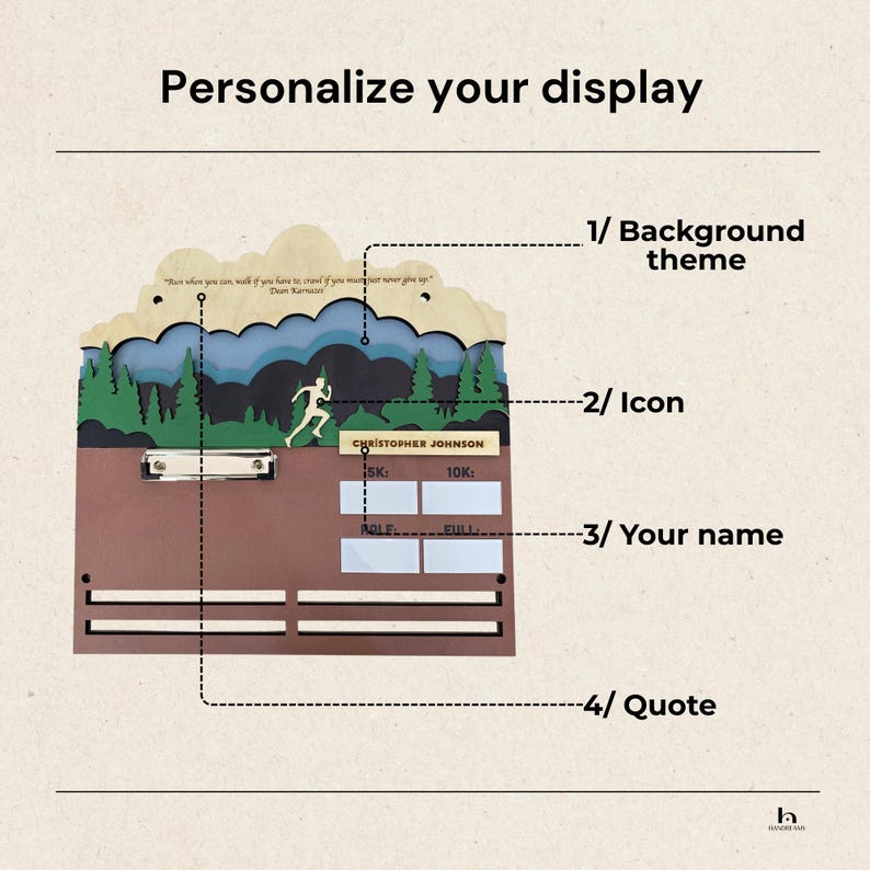 May include: A wooden medal display board featuring a layered mountain and forest landscape, a runner icon, a metal clipboard, and customizable text fields for a name, race distances, and a quote that reads: Run when you can, walk if you have to, crawl if you must; just never give up.