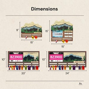 May include: Four wooden medal and race bib display racks with layered mountain and forest silhouettes. Sizes shown include 9" by 15", 15" by 15", 10" by 20", and 10" by 24". Each rack features horizontal bars for hanging medals and clips for bibs.