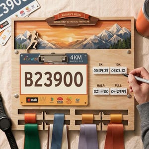 Peut inclure: Un présentoir à médailles en bois avec une illustration de paysage montagneux, une pince pour un dossard portant le numéro B23900 et des emplacements pour les temps de course. La bannière supérieure indique NATHAN'S MEDAL et CONSISTENCY IS THE REAL FINISH LINE.