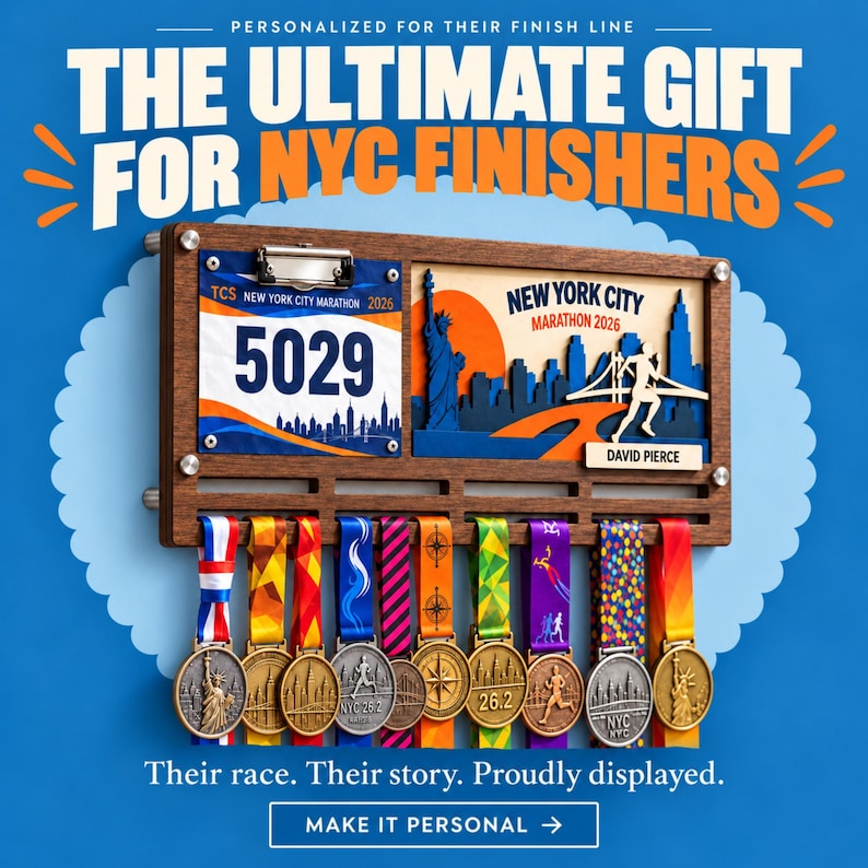 May include: A wooden wall-mounted display rack featuring a clip for a race bib labeled TCS New York City Marathon 2026 with number 5029, a New York City skyline graphic, and a nameplate for David Pierce, with nine colorful medals hanging below.