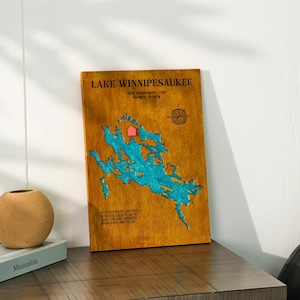 Mapa de madera personalizado del lago Winnipesaukee con resina epoxi, mapa náutico personalizado en 3D, regalo personalizado para amantes de los lagos, arte inspirado en la naturaleza