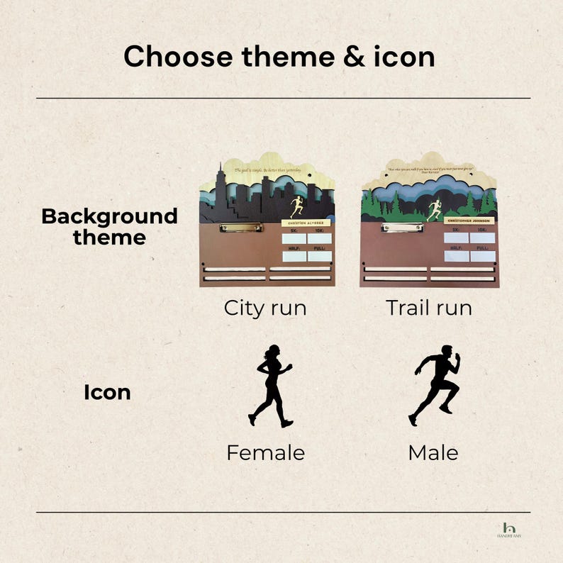 May include: A wooden medal display board featuring two theme options: City run with a skyline silhouette and Trail run with a forest silhouette. Each includes a metal clip, name plate, race distance labels, and a runner icon. Female and male icons are shown.