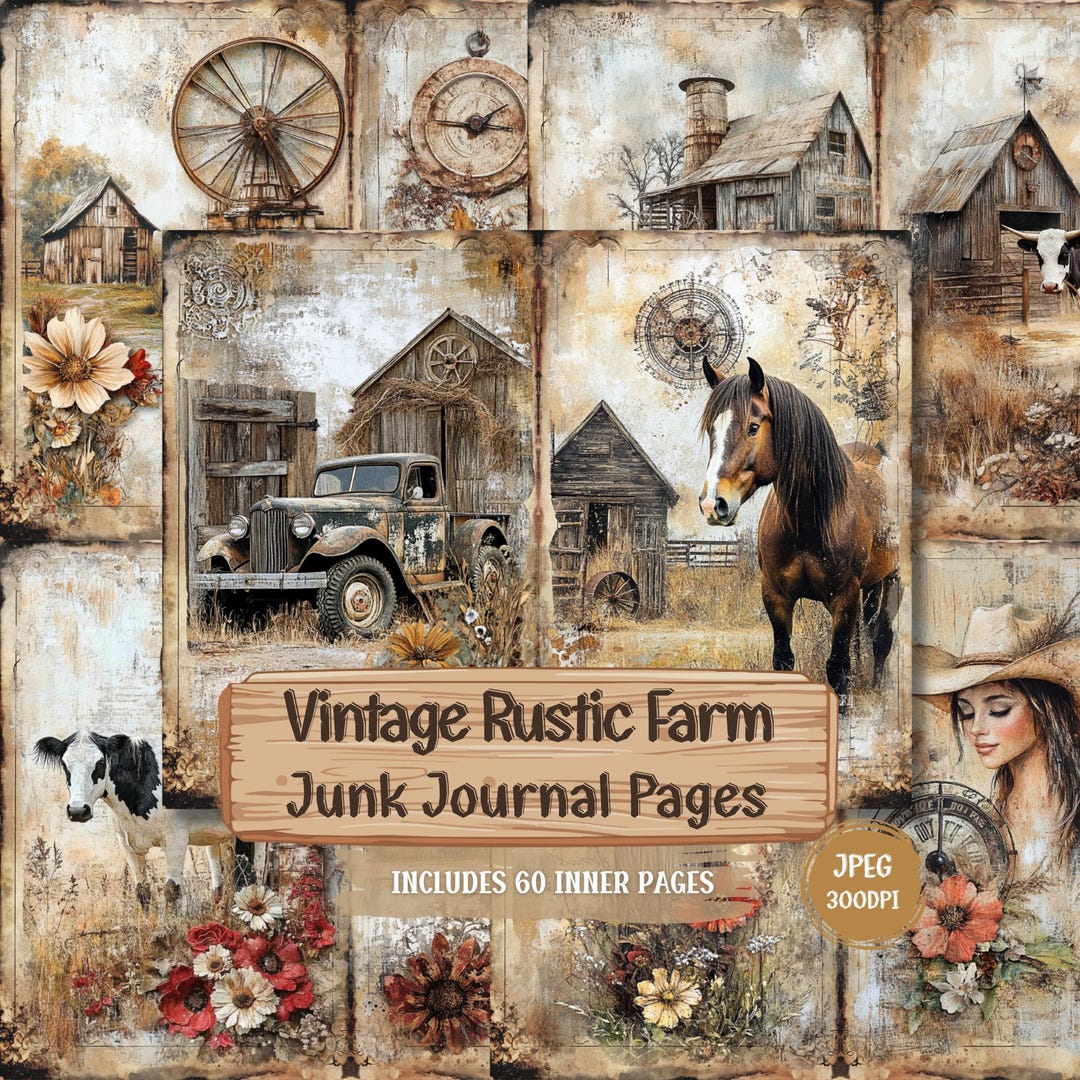 Rustic Farm Junk Journal Pages | Vintage Barn, Horse, Floral (digital ...