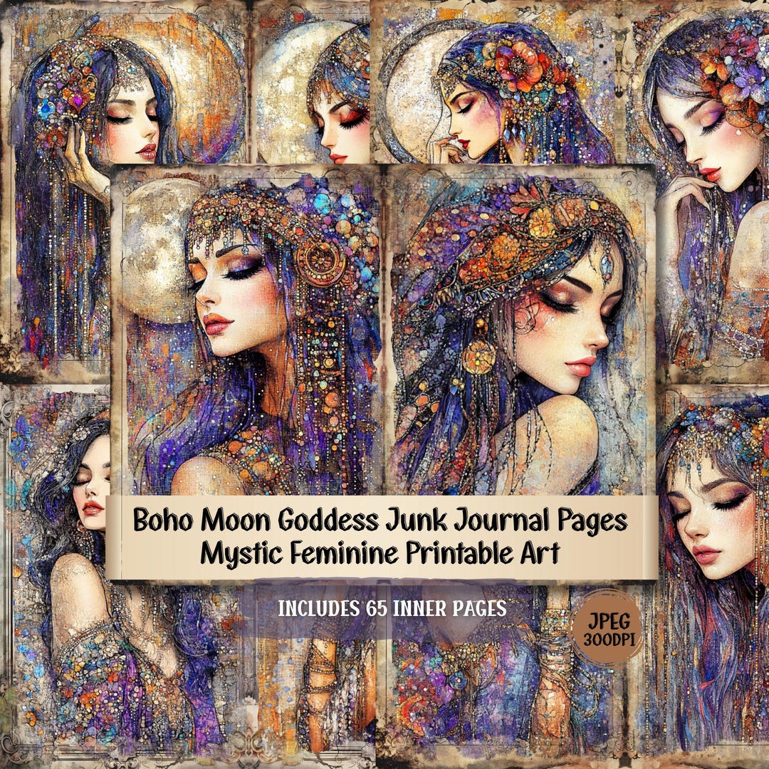 Boho Moon Goddess Junk Journal Pages | Vintage Celestial Art (65 JPG ...