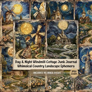 Puede incluir: Un collage de arte de paisaje campestre caprichoso con molinos de viento, cabañas y una mujer con un vestido. La obra de arte incluye una escena nocturna con luna llena y una escena diurna con un sol brillante. El texto dice "Day & Night Windmill Cottage Junk Journal Whimsical Country Landscape Ephemera".