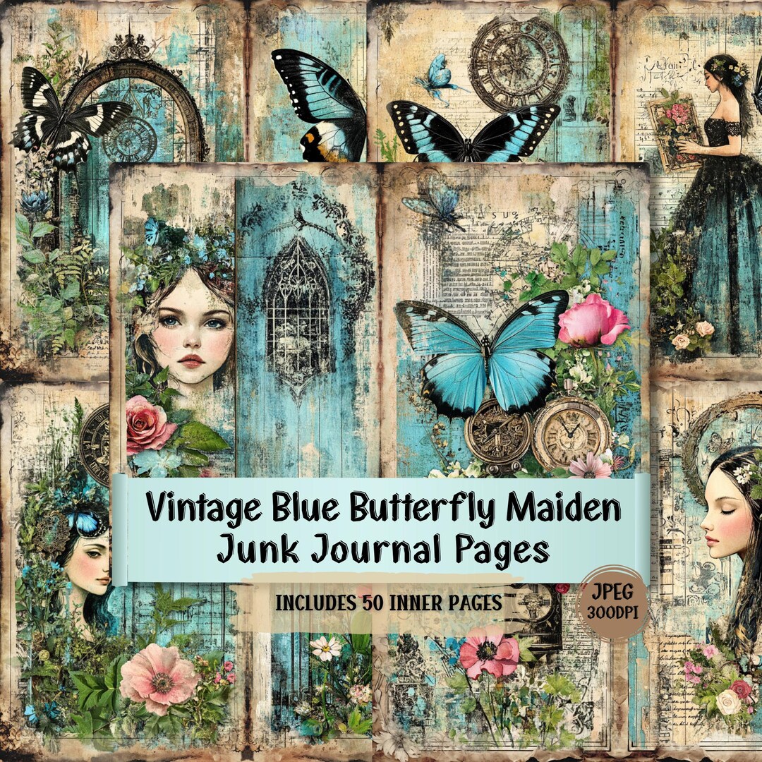 Vintage Blue Butterfly Maiden Junk Journal Pages | Romantic Portrait ...