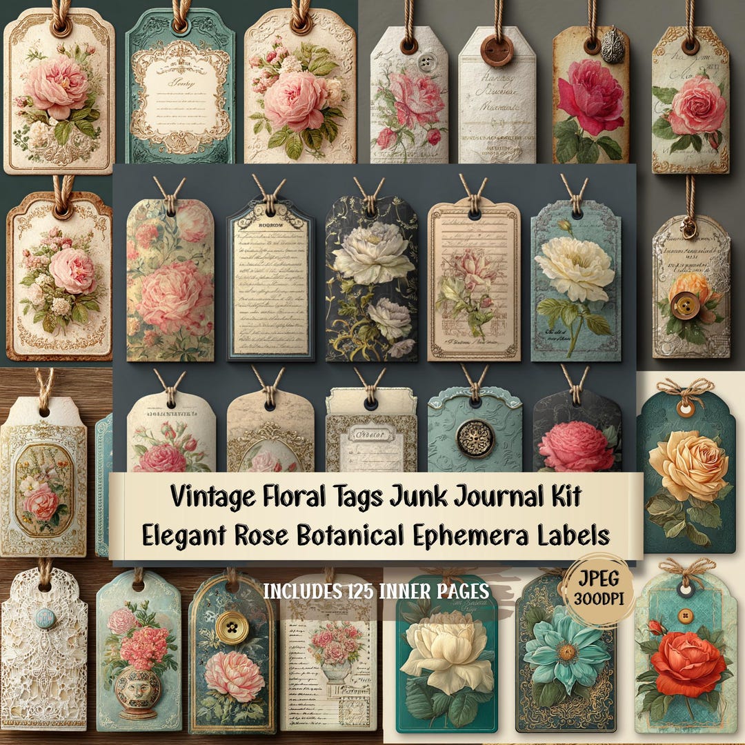 Vintage Floral Tags Junk Journal Kit, Rose Botanical Ephemera Labels ...