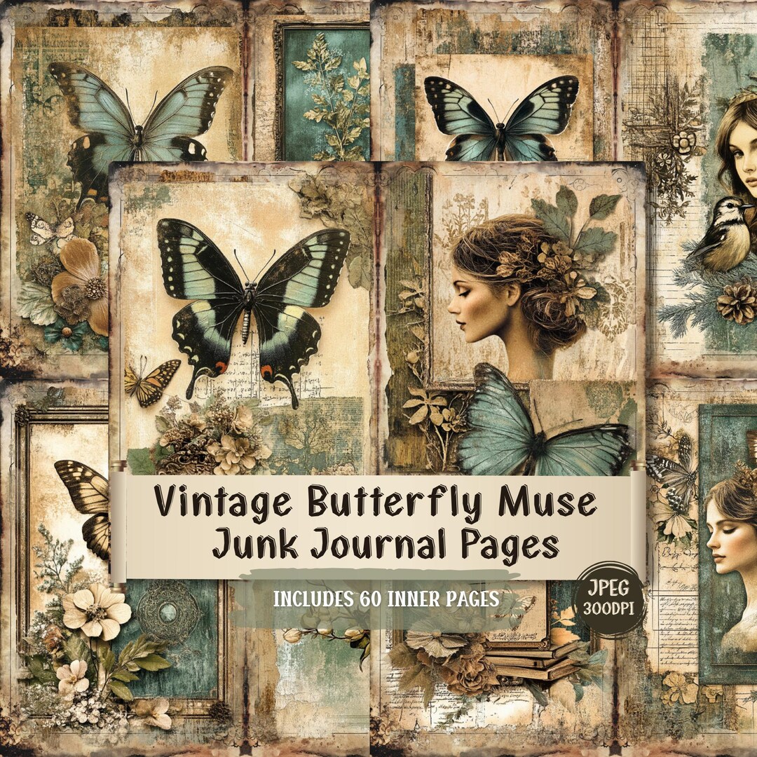 Vintage Butterfly Muse Junk Journal Pages | Antique Portrait Lady ...
