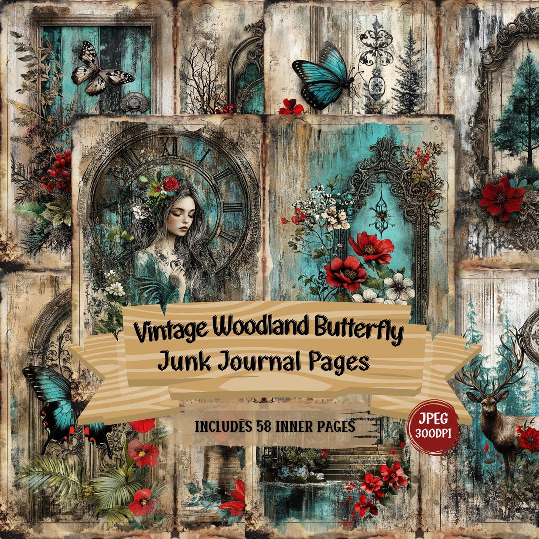 Vintage Woodland Butterfly Junk Journal Pages | Antique Doorway, Teal ...
