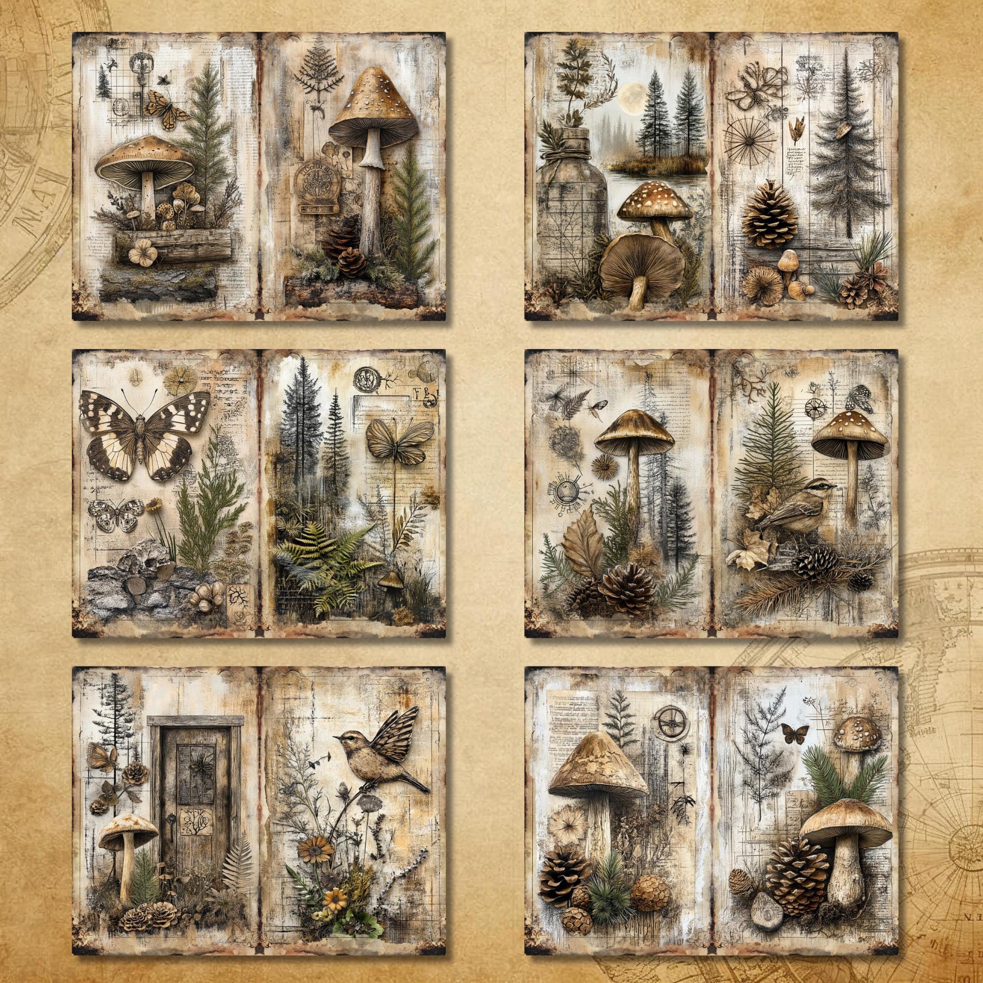 Vintage Woodland Mushroom Junk Journal Pages | Forest Fungi, Pinecones ...