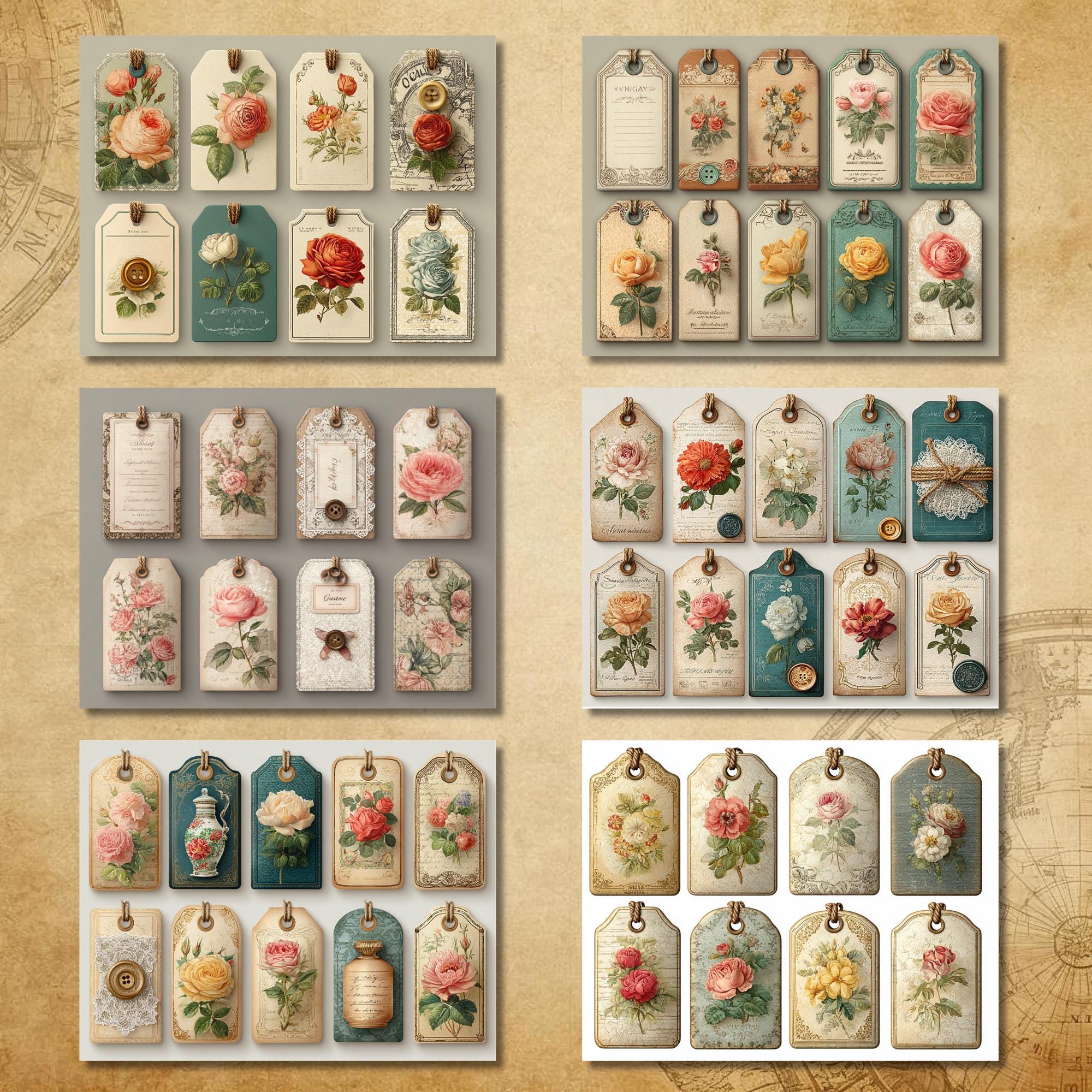 Vintage Floral Tags Junk Journal Kit, Rose Botanical Ephemera Labels ...