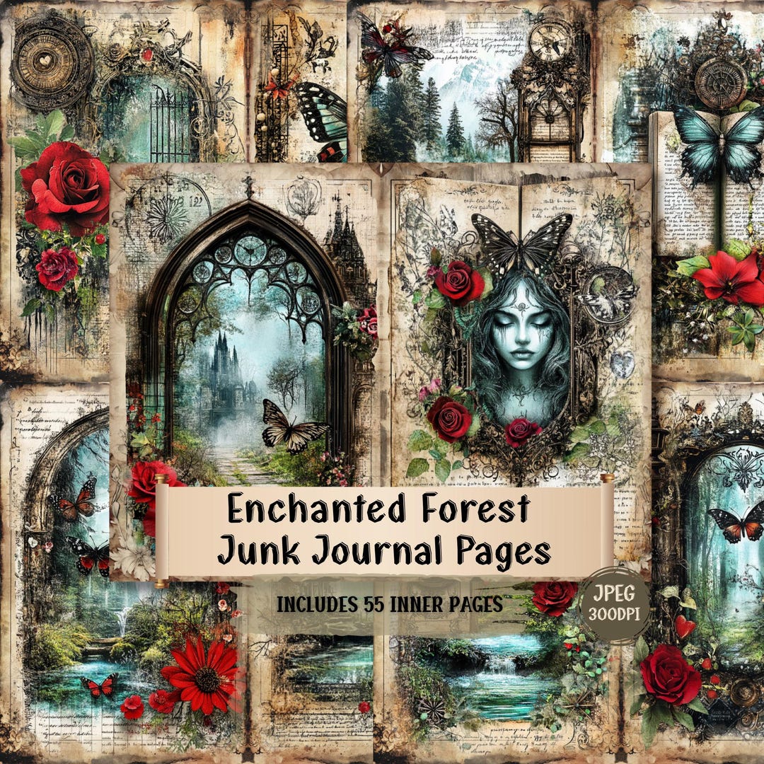 Enchanted Forest Junk Journal Pages | Mystic Woodland Path, Red Roses ...