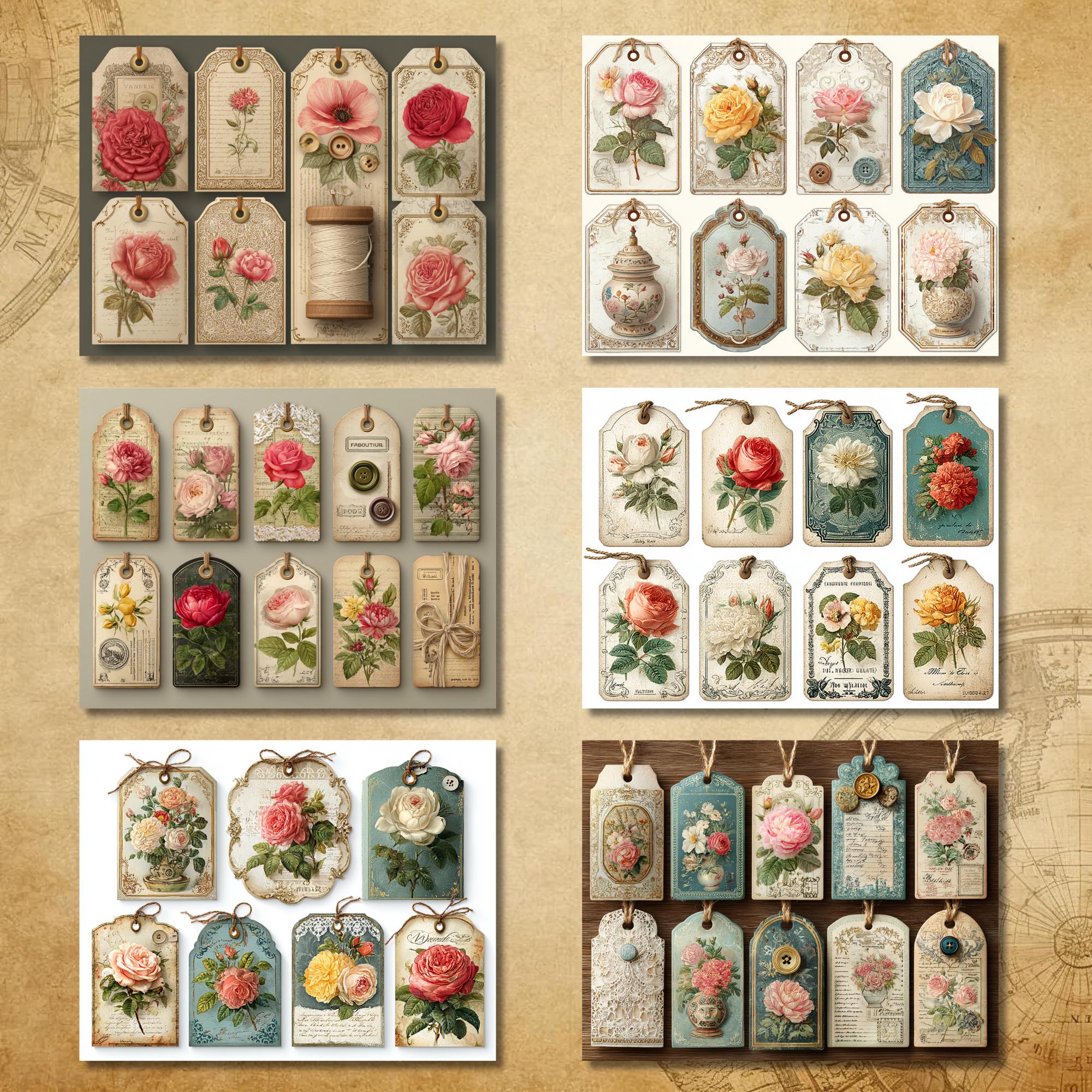 Vintage Floral Tags Junk Journal Kit, Rose Botanical Ephemera Labels ...
