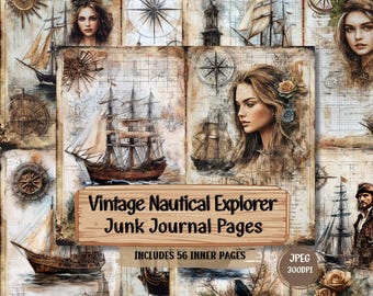 Pages vintage de journal indésirable de l'explorateur nautique | Voiliers anciens, rose des vents, phare et carte des mers en collage artistique | 56 JPG