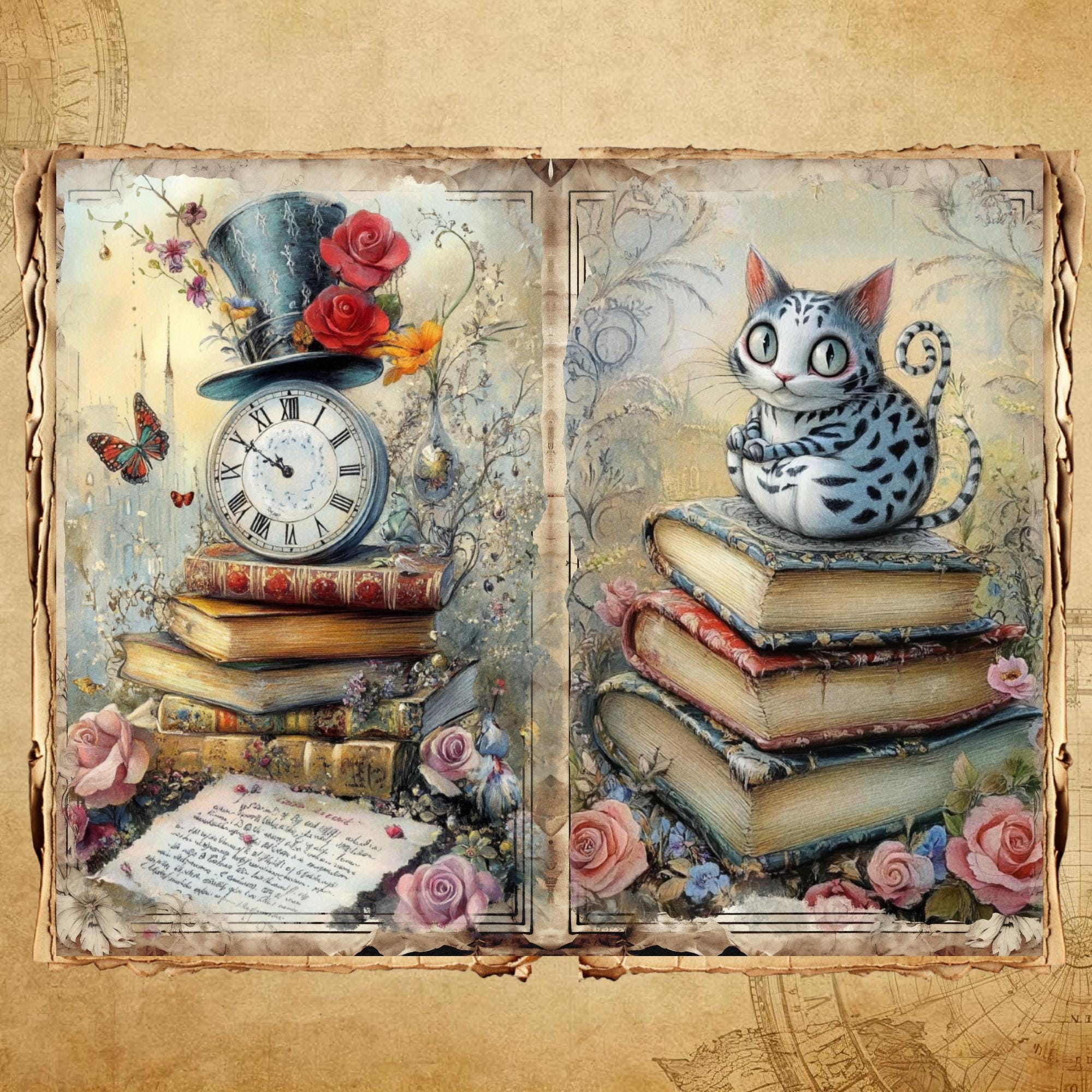 Alice in Wonderland Junk Journal Pages, Shabby Chic Printable Ephemera ...