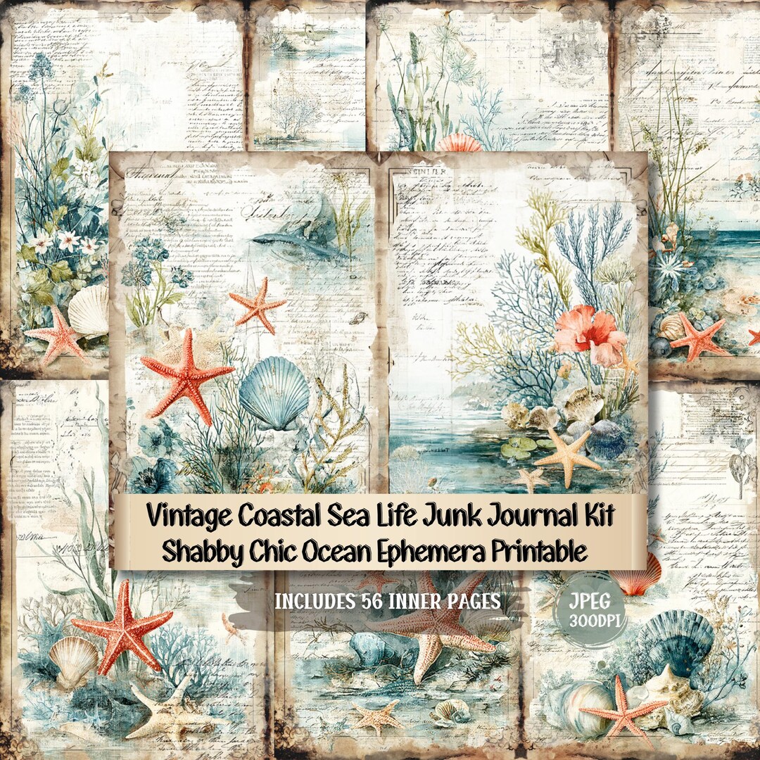Vintage Coastal Sea Life Junk Journal Pages, Shabby Chic Ocean Ephemera ...